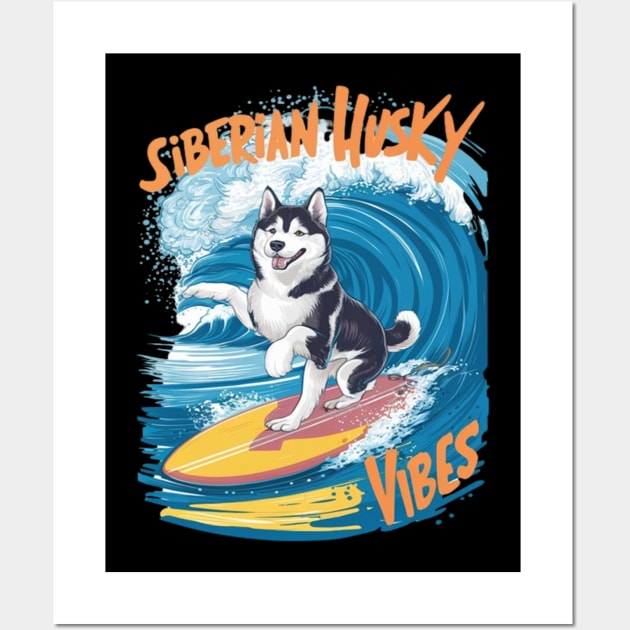 A smart, cute, and funny Siberian Husky dog riding a surfboard on top of a huge wave at a tropical island. Wall Art by coollooks
